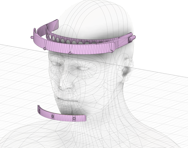 Saját fejlesztésű 3D-nyomtatott arcvédő pajzs virtuális modellje.